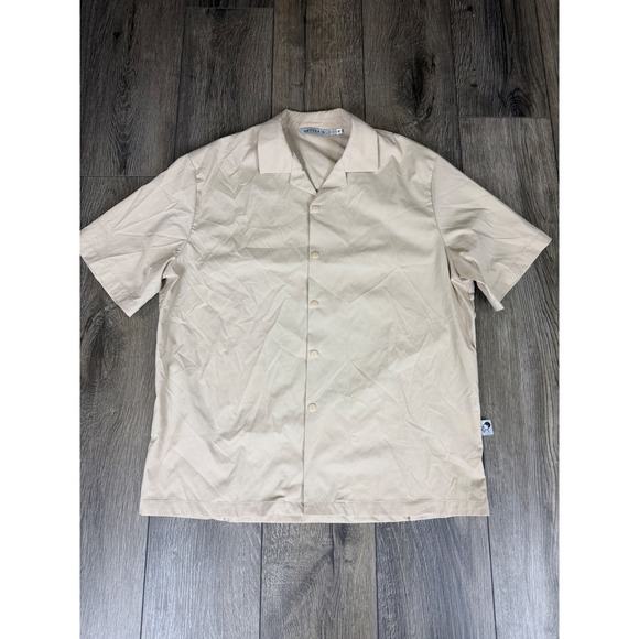 HEYTEA Other - HEYTEA Camp Collar Snap Front Short Sleeve Shirt Tan Large Streetwear Minimalist